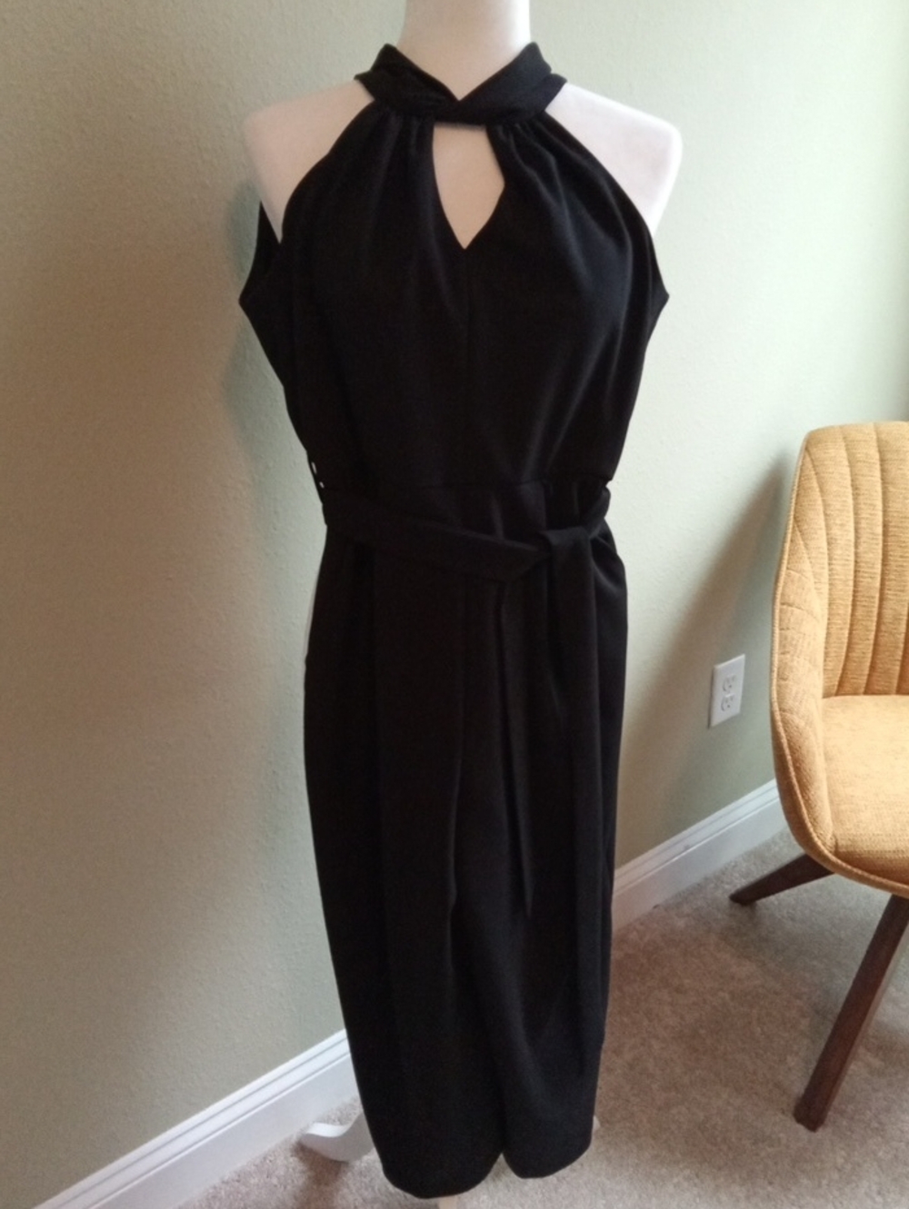 Calvin Klein Petite Black Halter Wide Leg Jumpsuit with Waist Tie